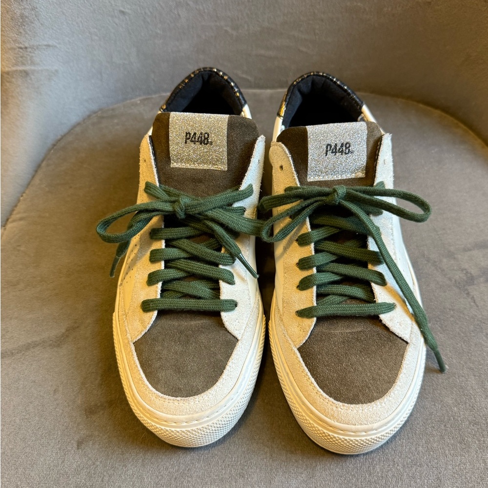P448 Italy Women’s Sneakers Green Suede Cream Leather Low Tops